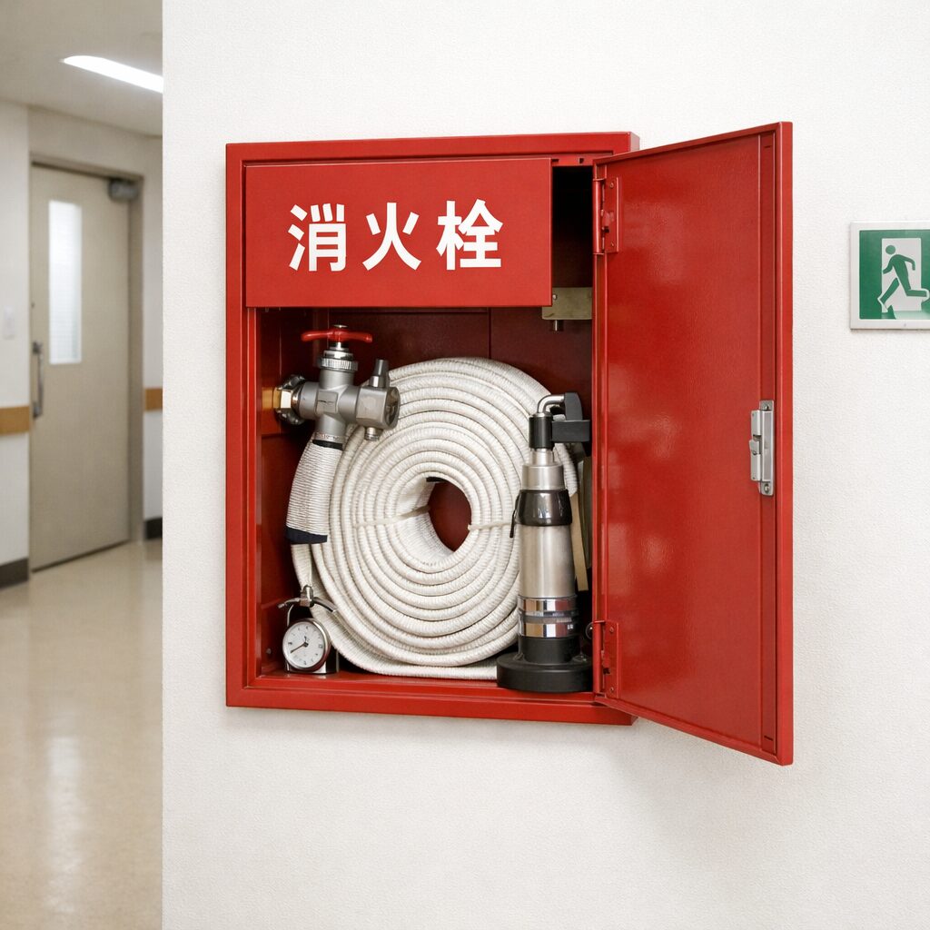 屋内消火栓設備の赤い箱。扉が開いていて中に消防ホースが見える