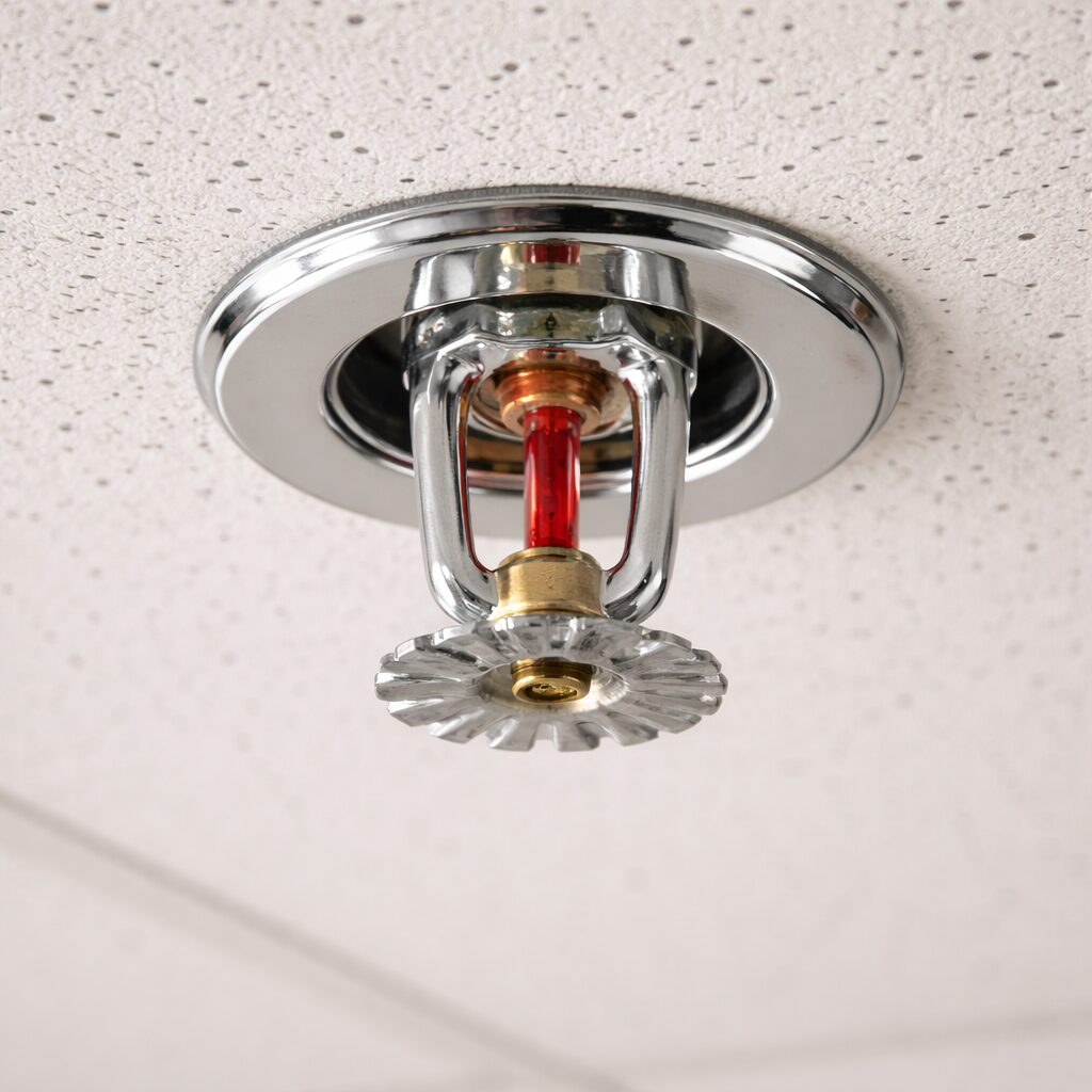 天井に設置されたスプリンクラーヘッド。クロム製フレームの中に赤いガラスバルブが見える