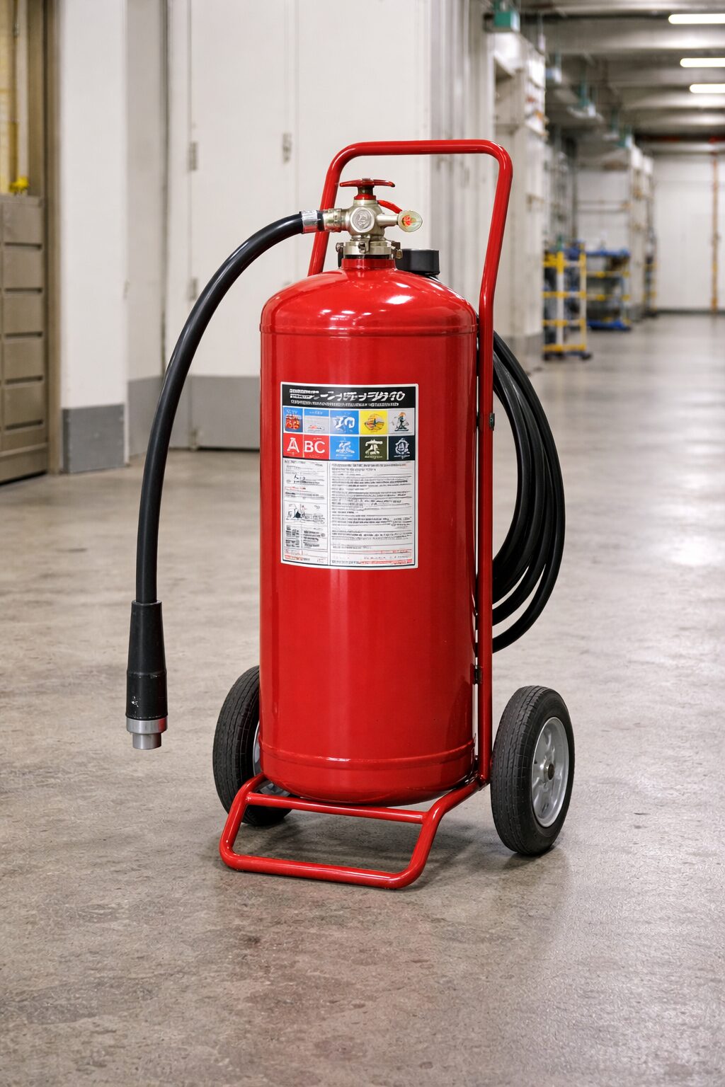 車輪付きの大型消火器。赤い円筒タンクに放射ホースが付いている