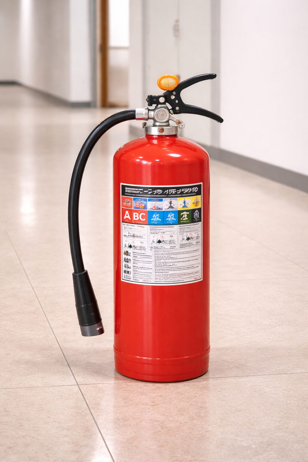 赤いABC粉末消火器。握りレバーと放射ホースが付いた手持ちサイズ