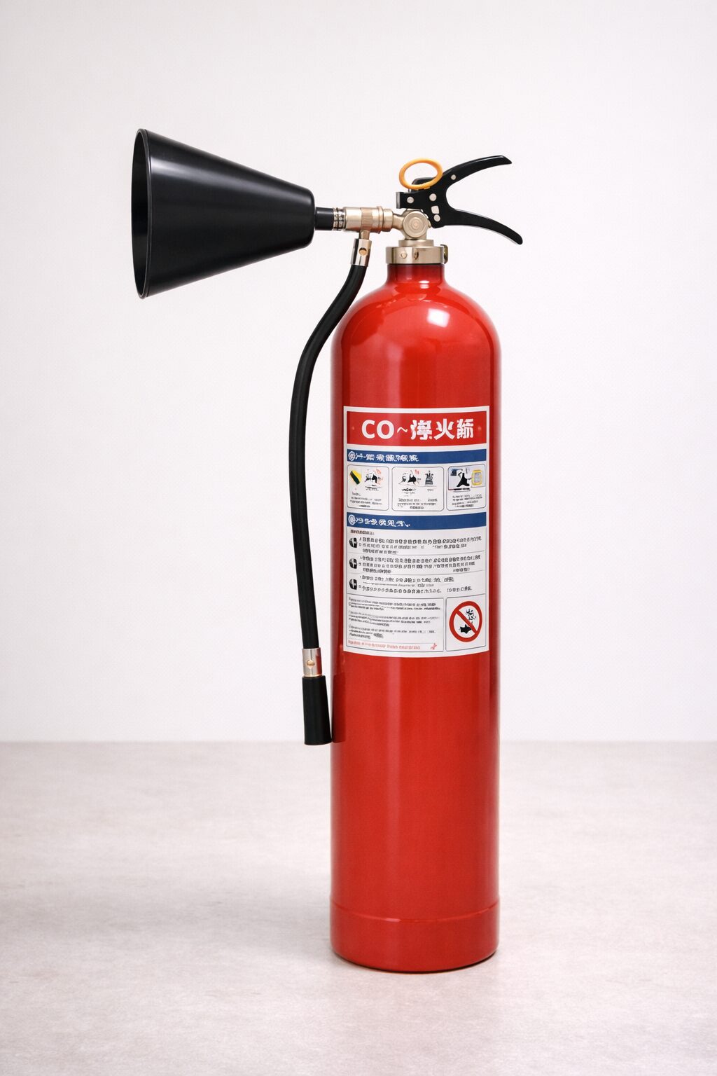 CO2消火器。赤い円筒ボディに黒いラッパ型の放射ノズルが特徴