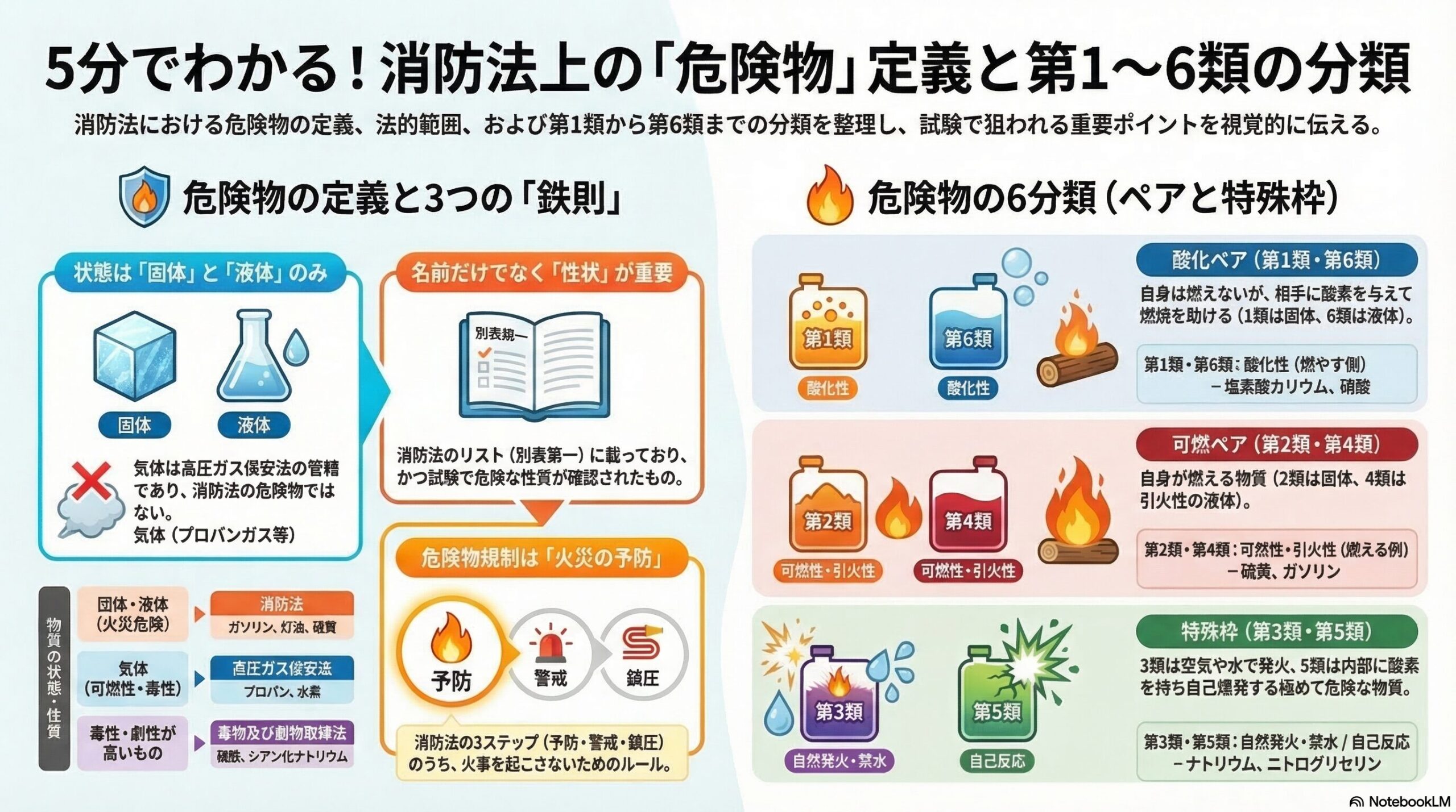 消防法上の危険物の定義と第1〜6類の分類を図解したインフォグラフィック