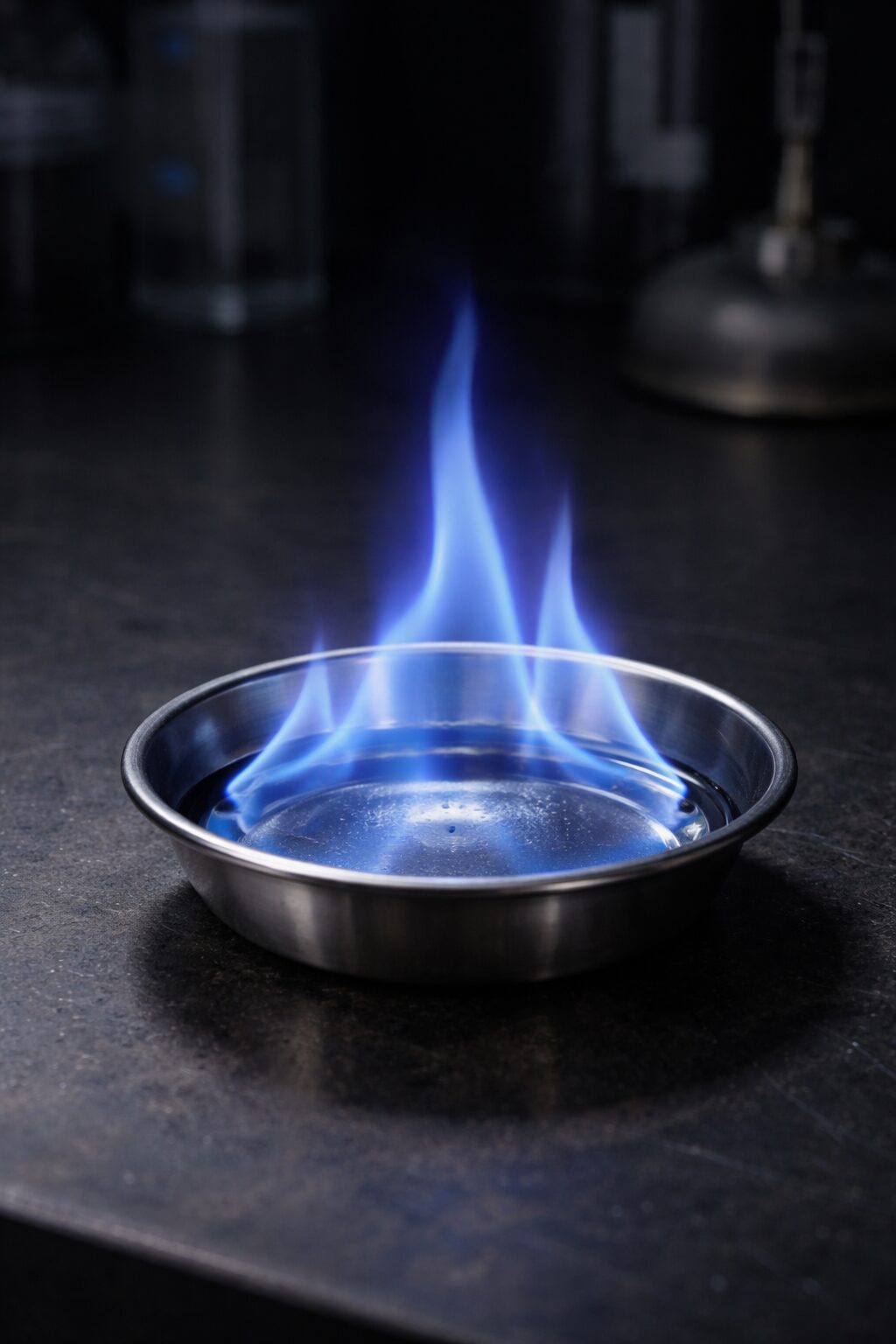 蒸発燃焼の様子。液体表面から蒸気が立ちのぼり青い炎で燃えている