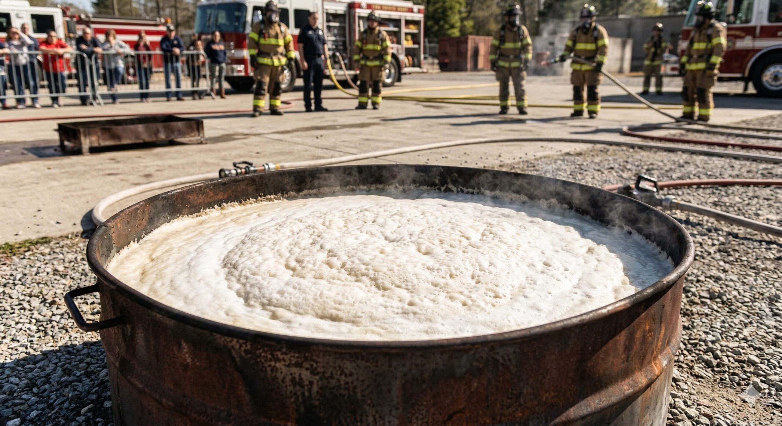 泡消火剤がドラム缶の液面を覆い窒息消火する様子