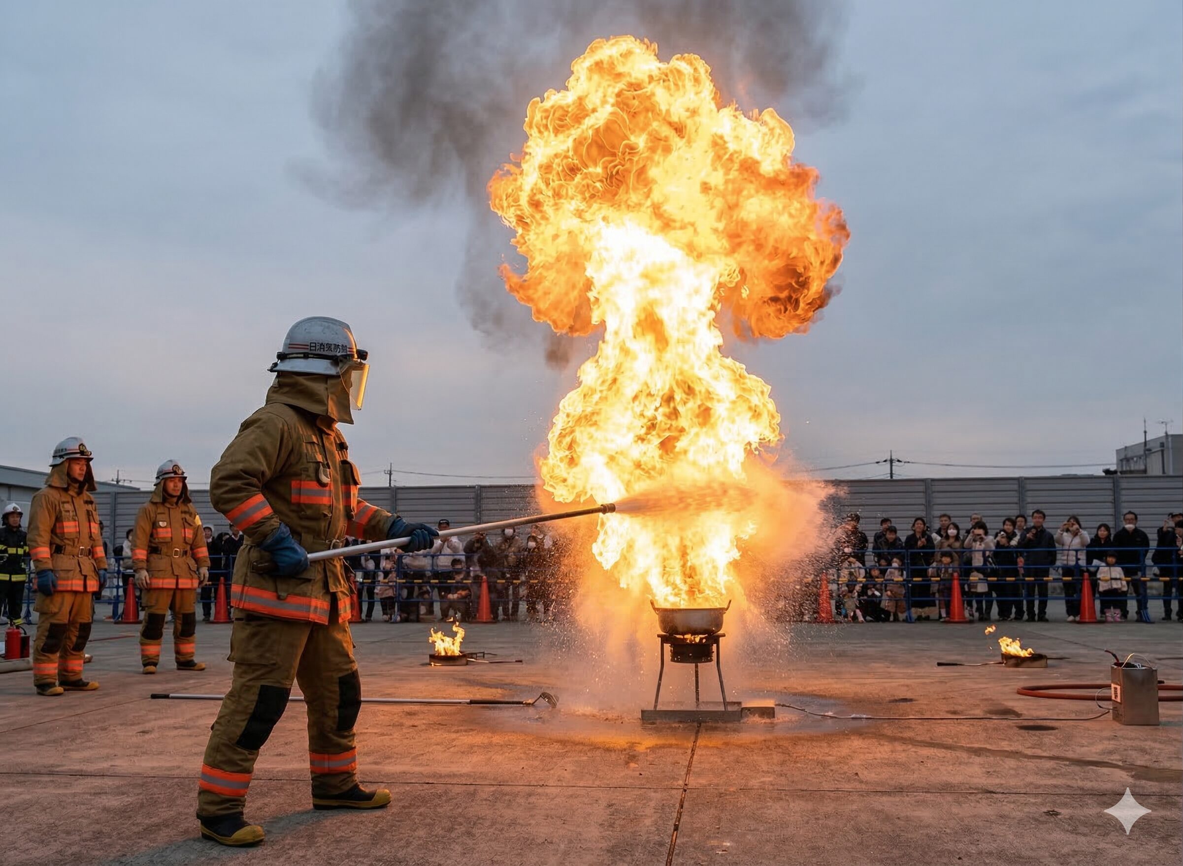 油火災に水をかけると炎が爆発的に拡大する実演