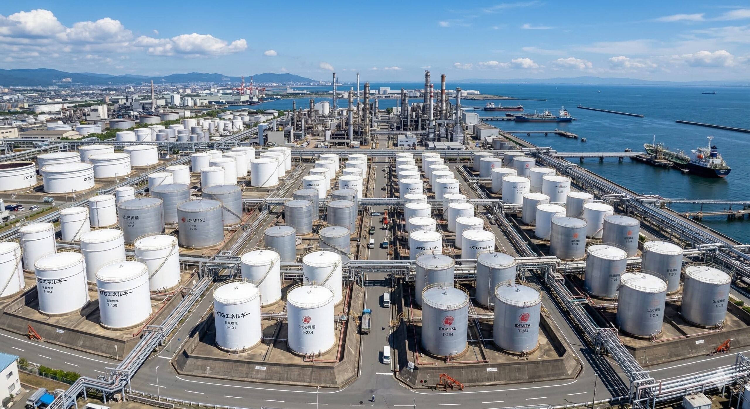 石油コンビナートの屋外タンク群の空撮