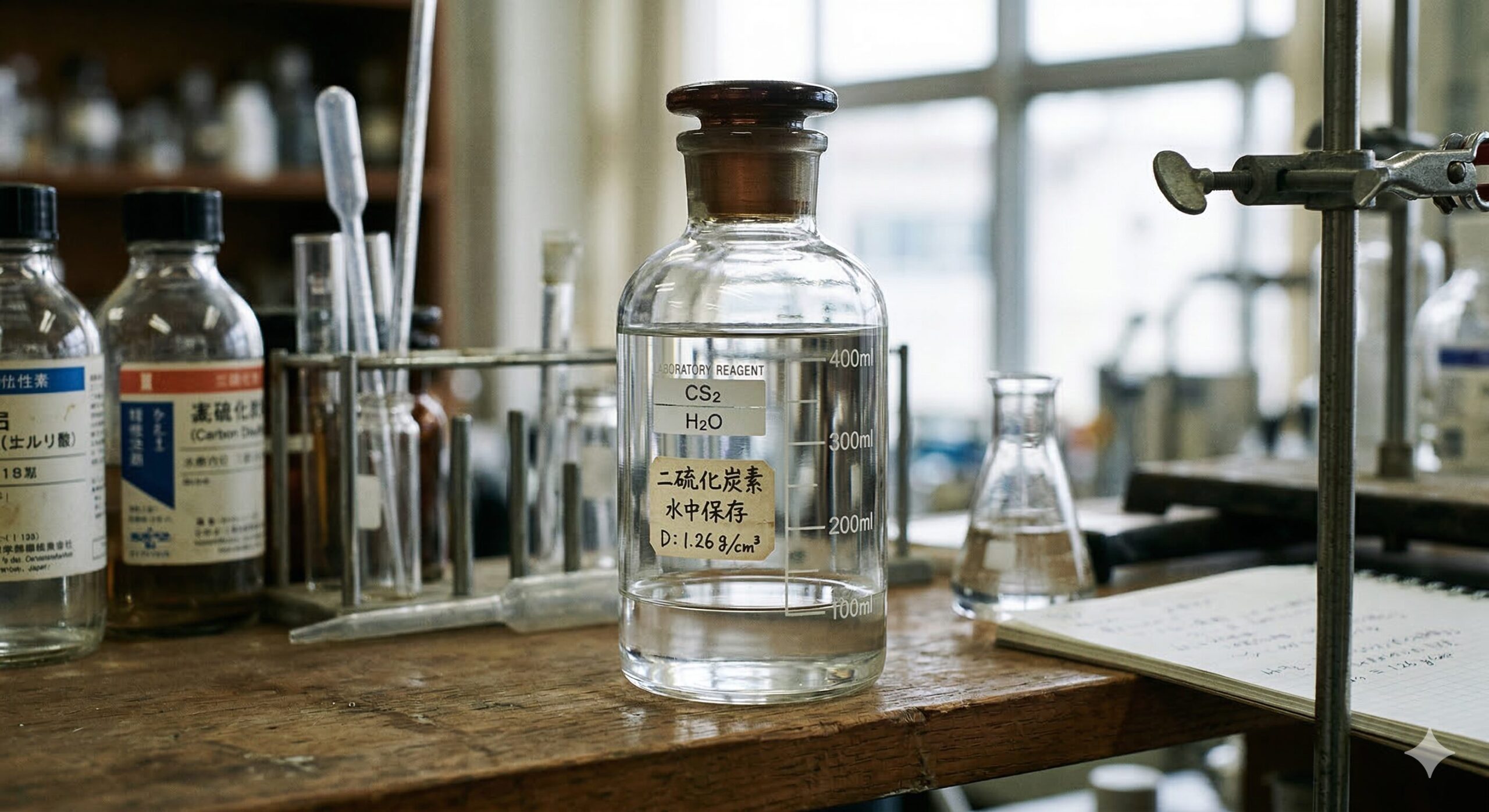 二硫化炭素の試薬瓶。水中保存のラベルが貼られている