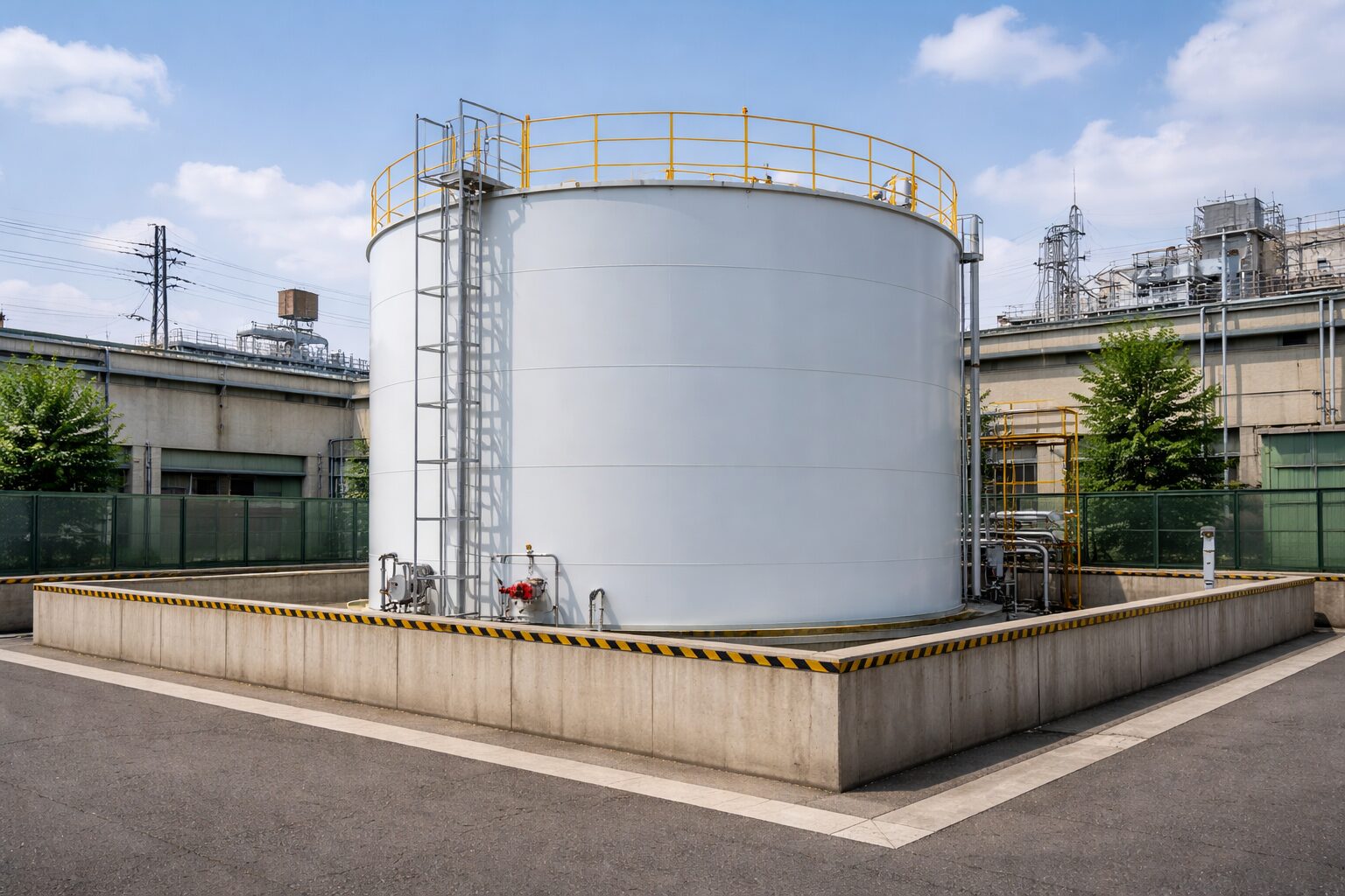 屋外タンク貯蔵所と防油堤の全景