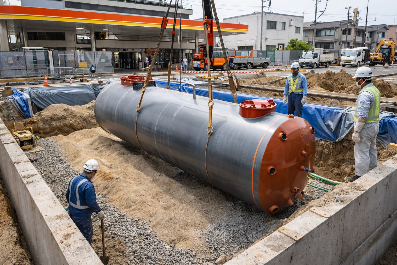 ガソリンスタンドの地下タンク埋設工事の様子