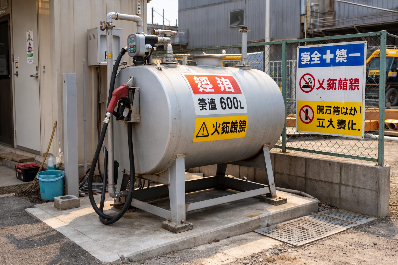 簡易タンク貯蔵所(容量600Lの小型タンクと給油設備)