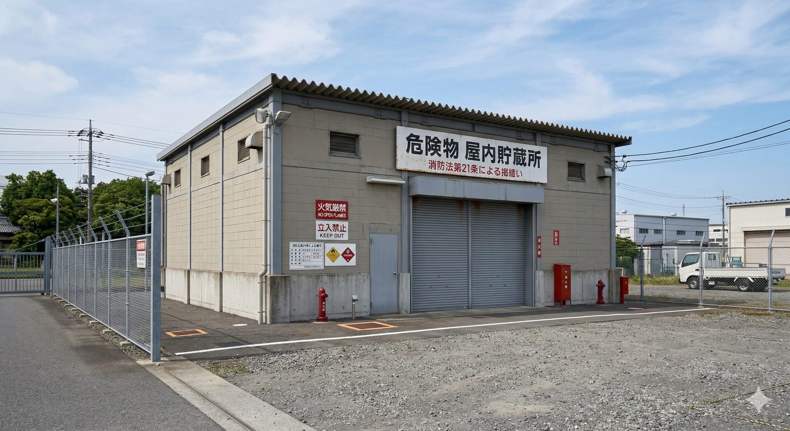 屋内貯蔵所の外観(危険物 屋内貯蔵所の看板、火気厳禁・立入禁止の掲示)