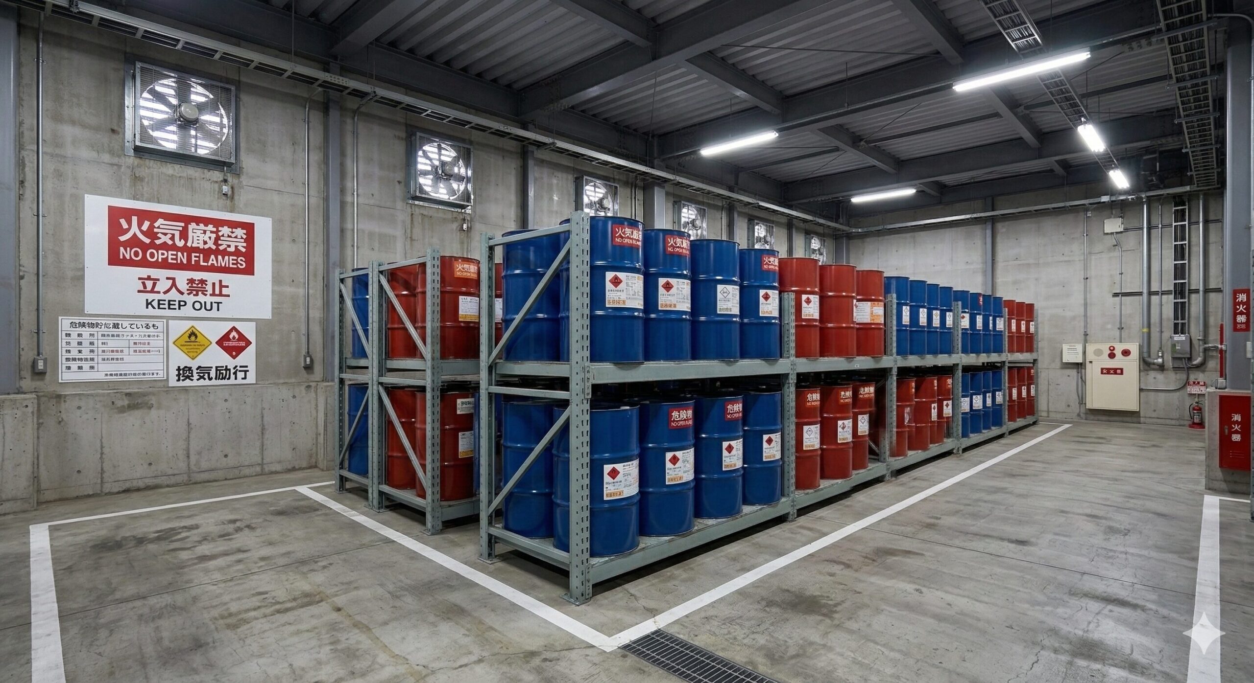 屋内貯蔵所の内部(ラックに整然と並ぶドラム缶、火気厳禁・換気扇の掲示)