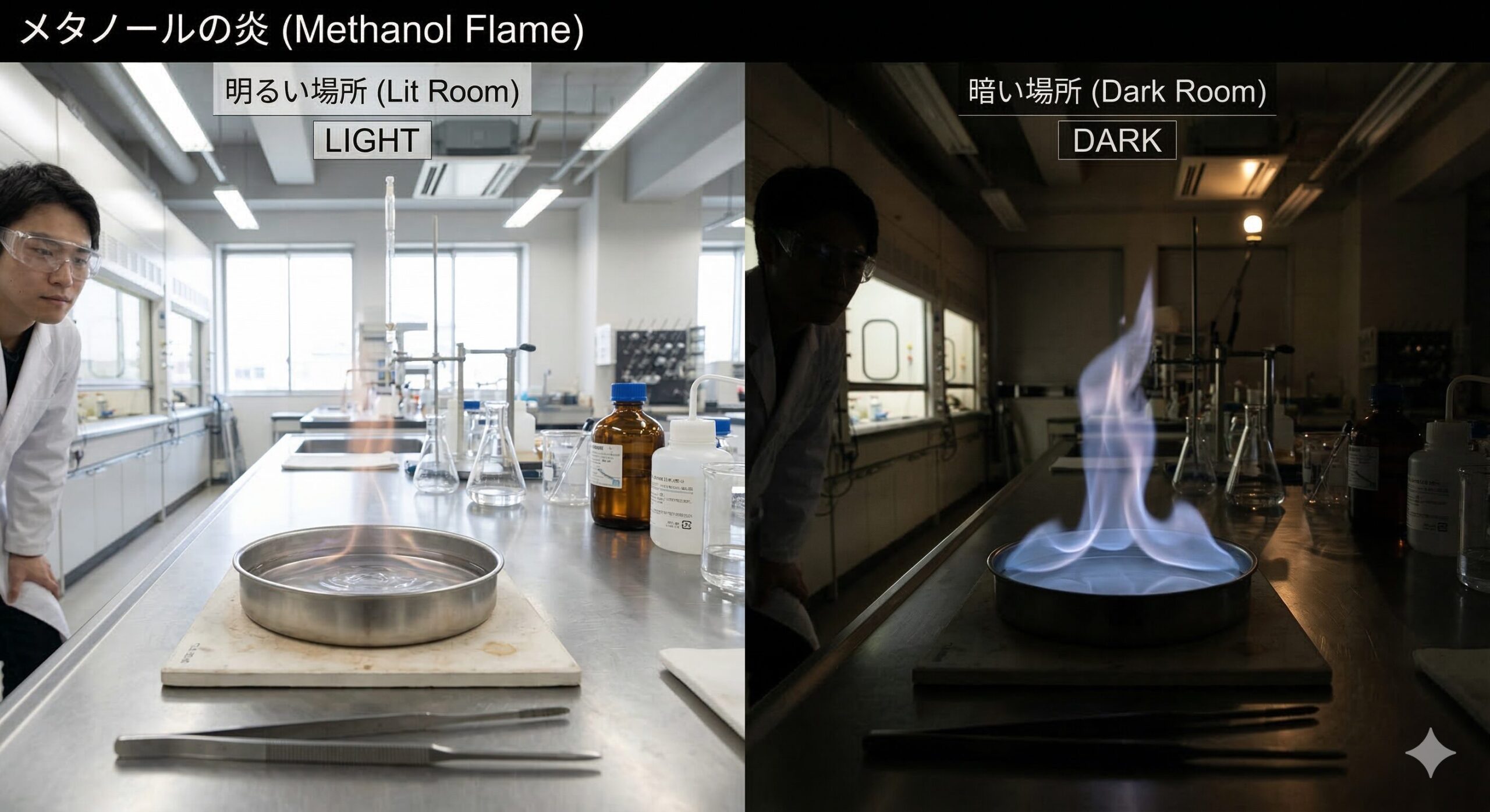 メタノールの炎。明るい場所ではほぼ見えないが、暗い場所では青白い炎が確認できる