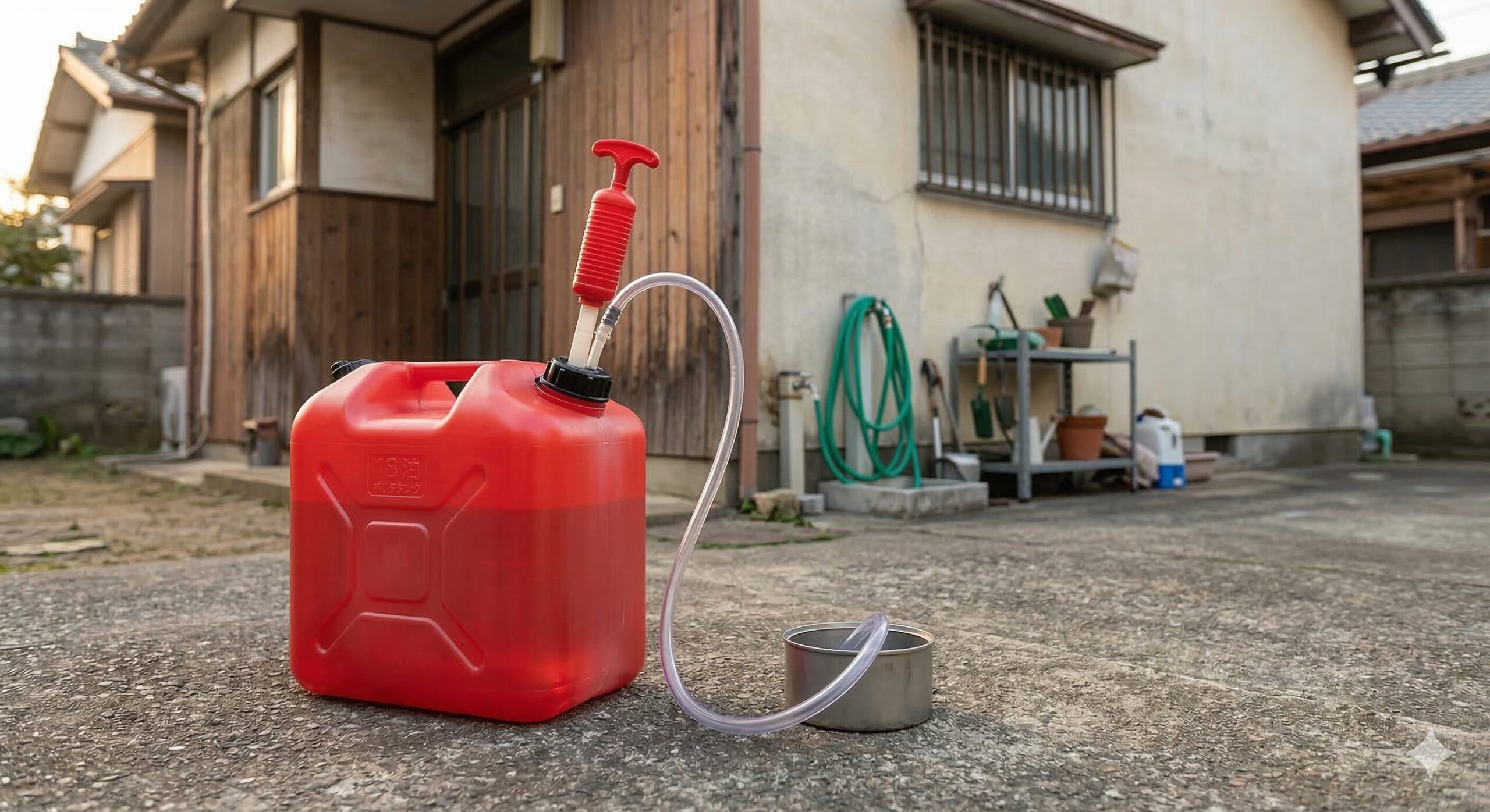 灯油用の赤いポリタンクと手動ポンプ