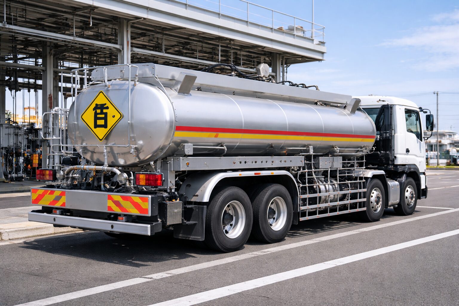銀色のアルミタンクを搭載した燃料タンクローリー