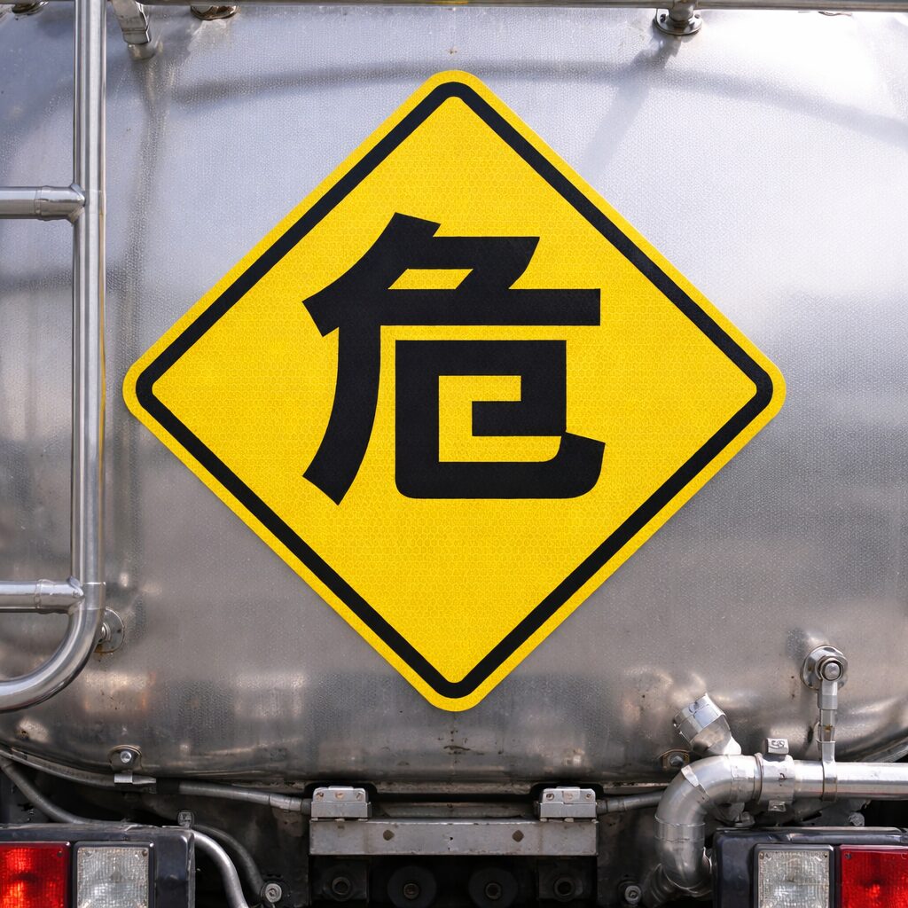 タンクローリーに掲げられた「危」の標識