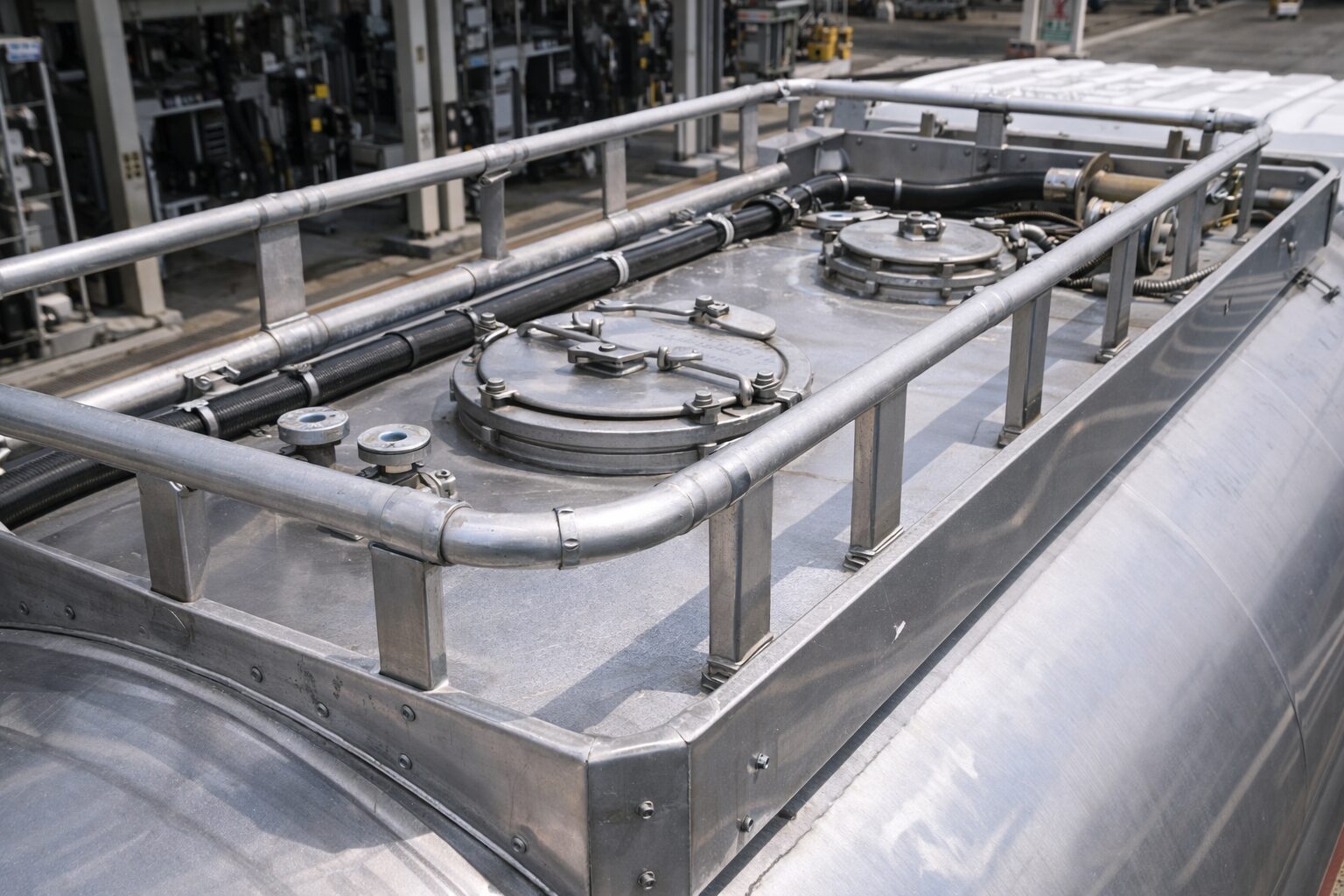 タンクローリー上部の防護枠。鋼製パイプでマンホールや注入口を囲むガード構造