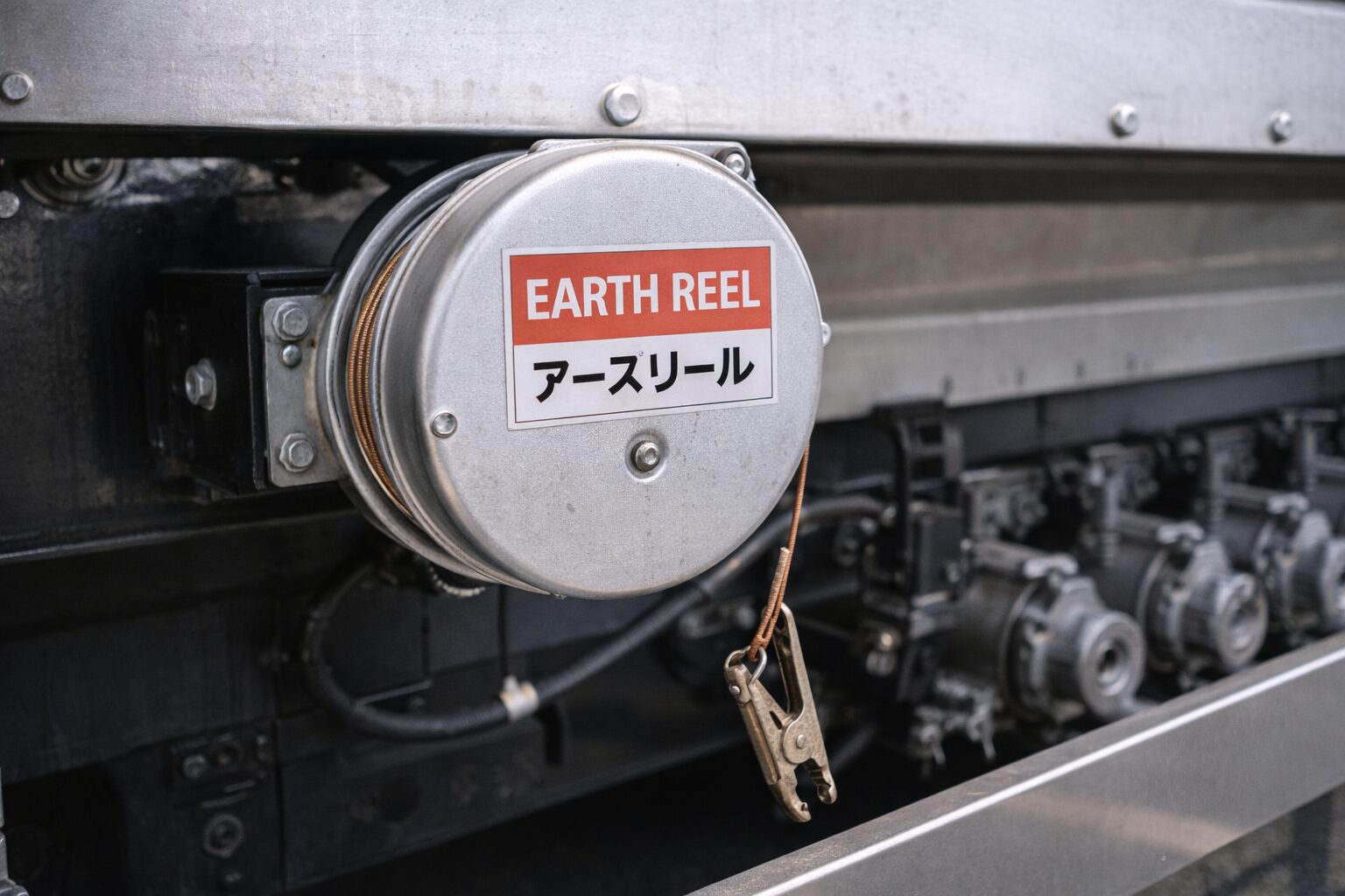 タンクローリー側面に取り付けられたアースリール。銀色のリール筐体から銅色の接地ケーブルとクランプが出ている