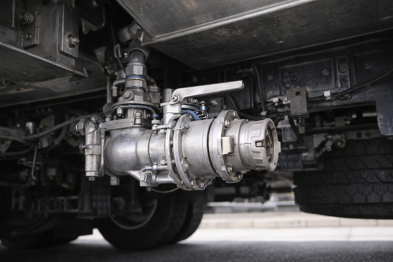 タンクローリー下部の底弁。金属製のバルブ機構とレバーハンドルが見える