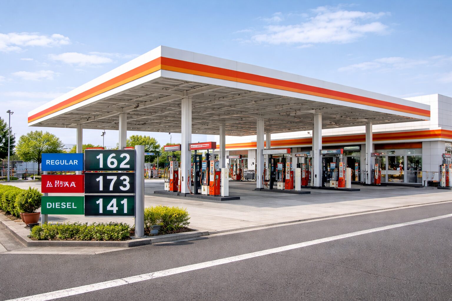 日本のガソリンスタンドの全景。キャノピー屋根の下に複数の給油機が並び、価格表示看板が見える