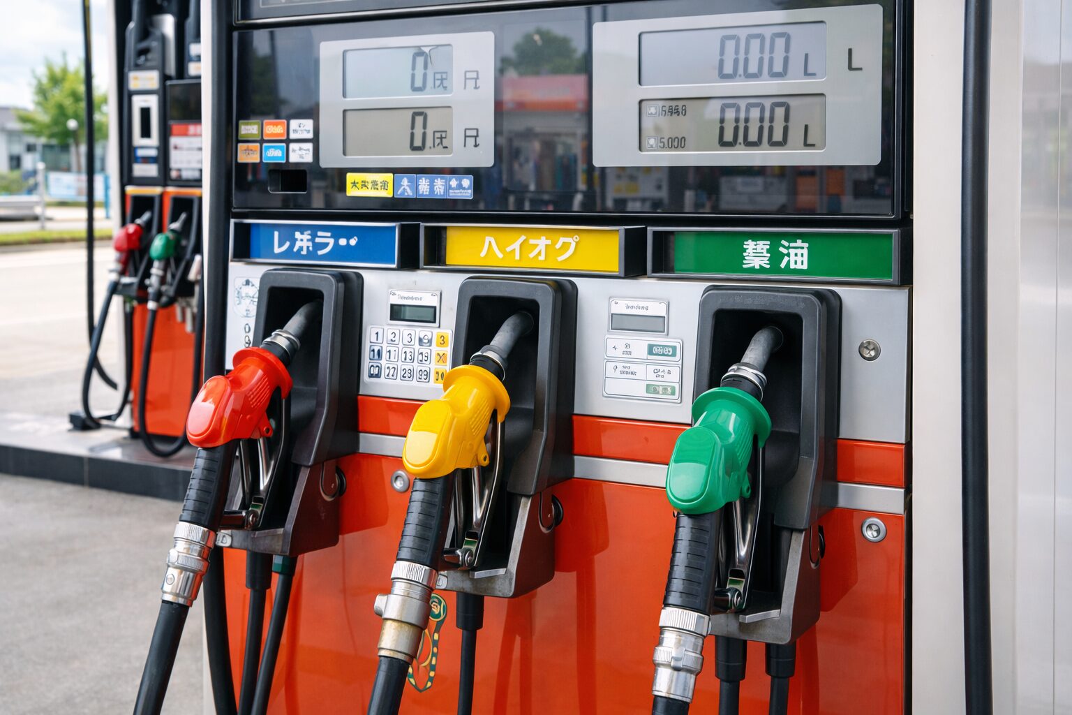 ガソリンスタンドの給油機。赤（レギュラー）・黄（ハイオク）・緑（軽油）の3色ノズルとデジタル表示パネル