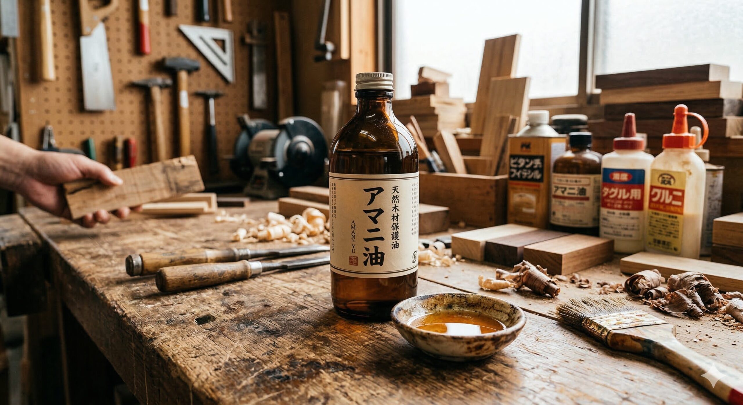 木工作業場に置かれたアマニ油のボトル