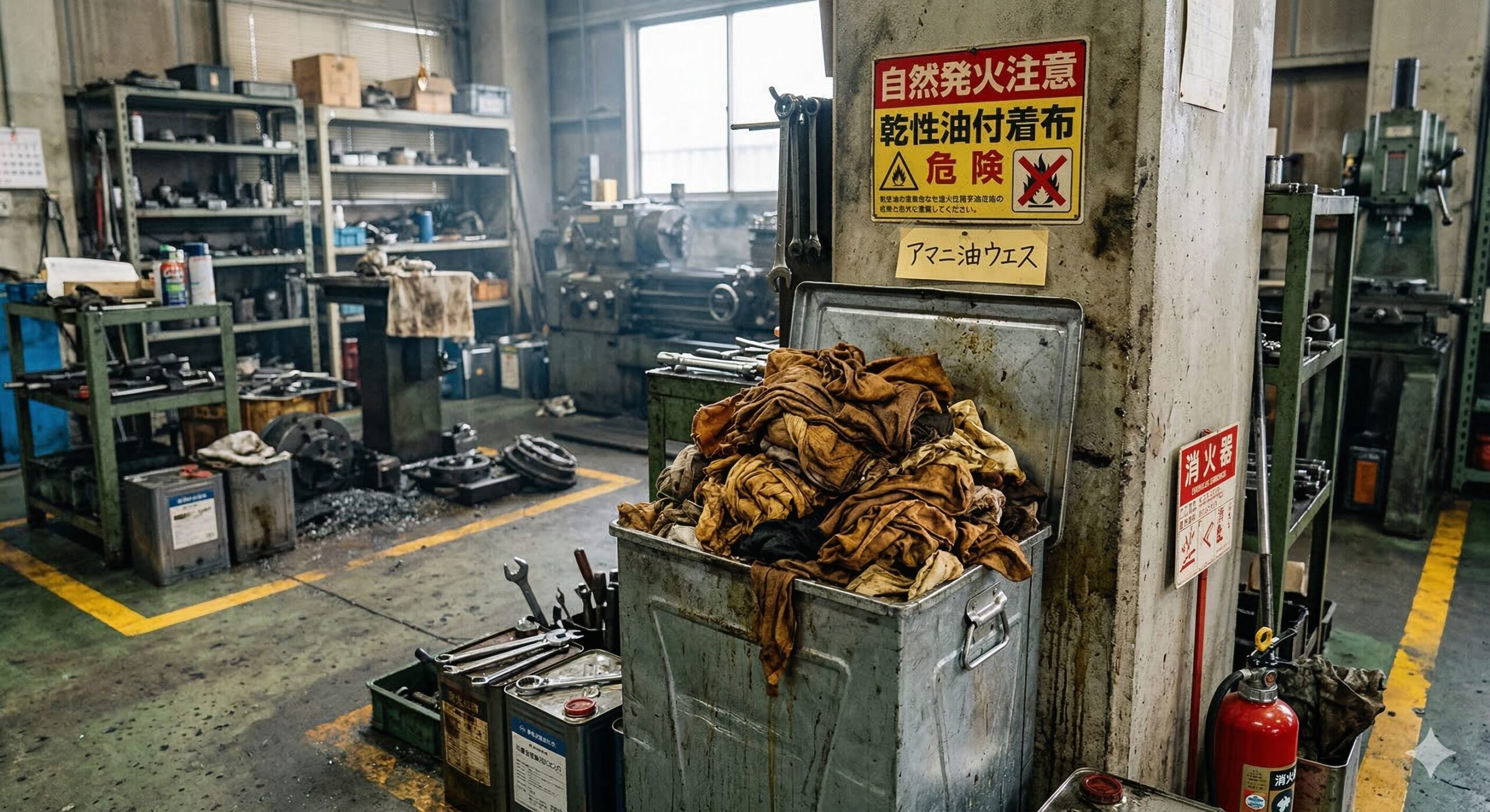 工場内の「自然発火注意 乾性油付着布」の警告標識とアマニ油ウエス