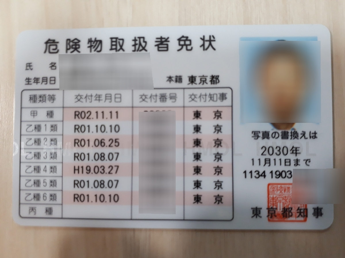 危険物取扱者免状の実物