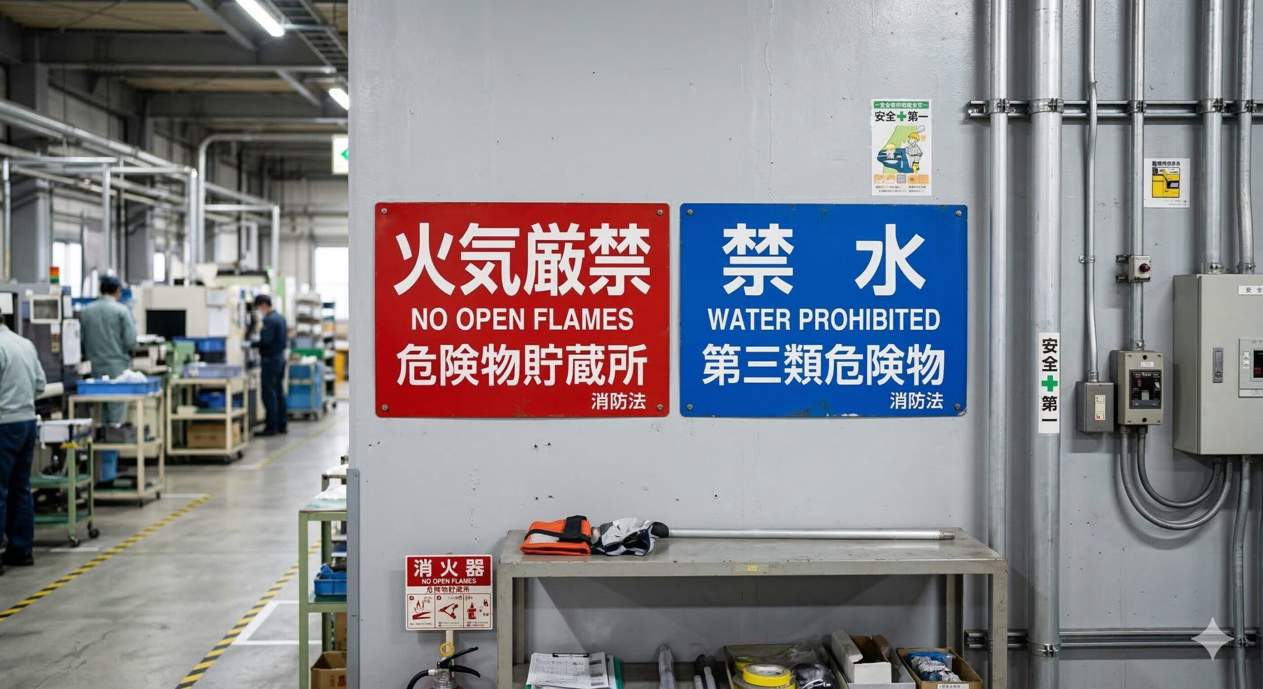 危険物貯蔵所に掲示された「火気厳禁」と「禁水」の標識