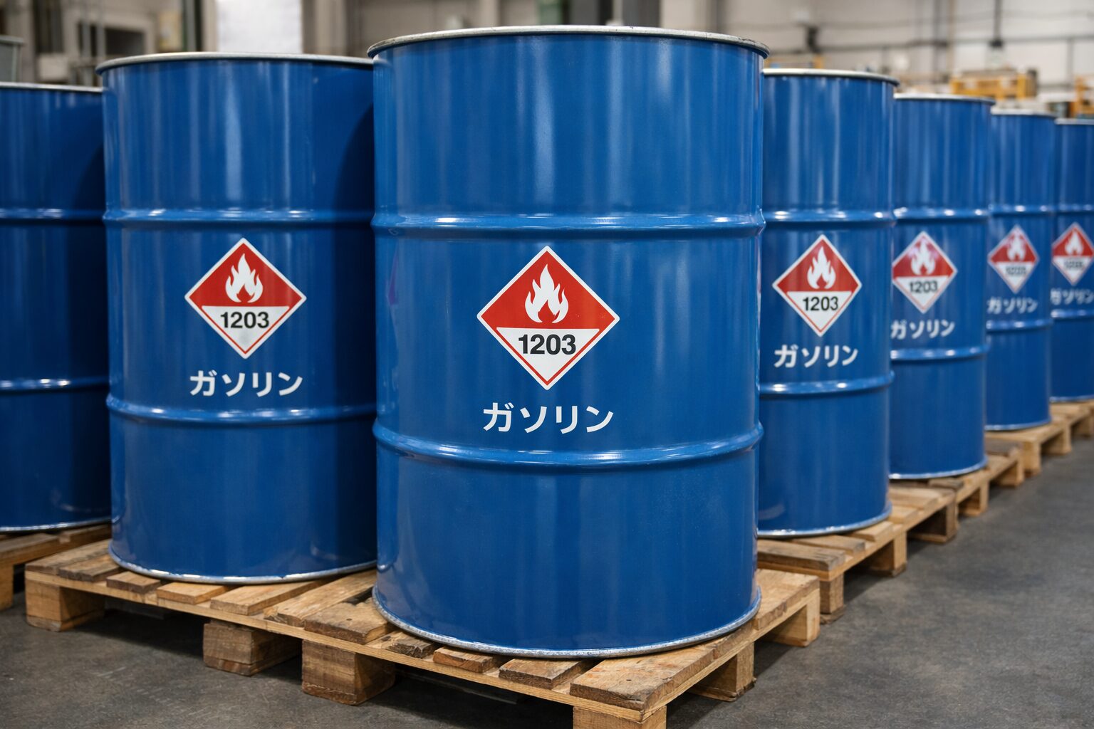 ガソリン用ドラム缶（200L）。国連番号1203の危険物ラベルが貼られている
