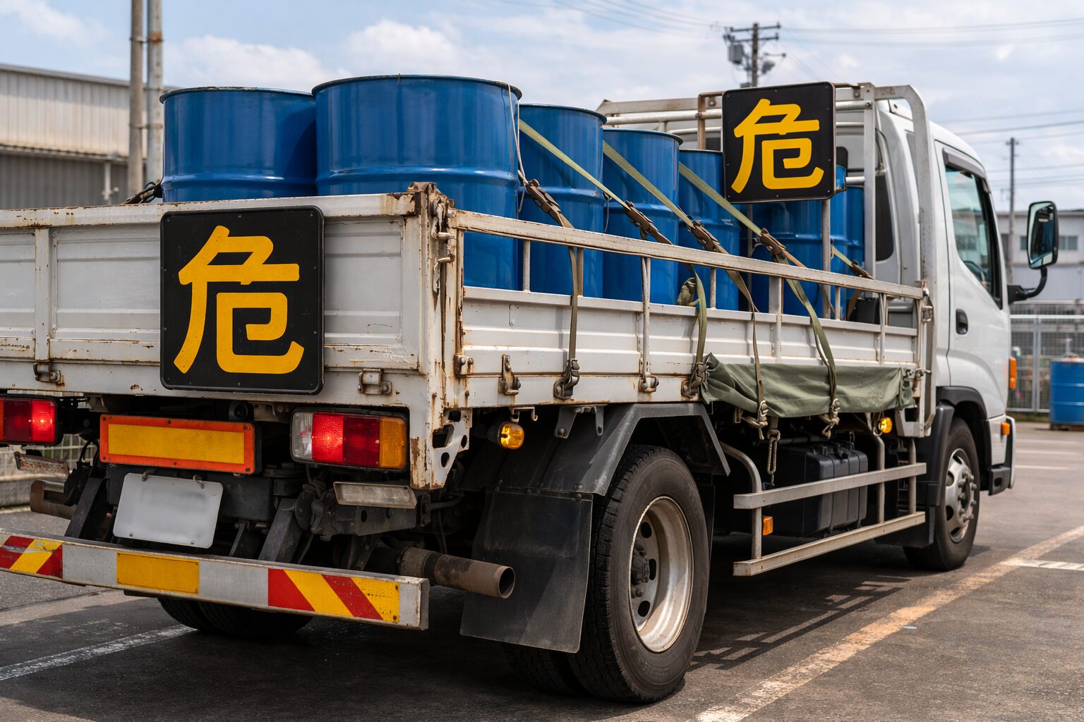 危険物運搬車両の前後に掲げられた「危」の標識（黒地に黄色文字）