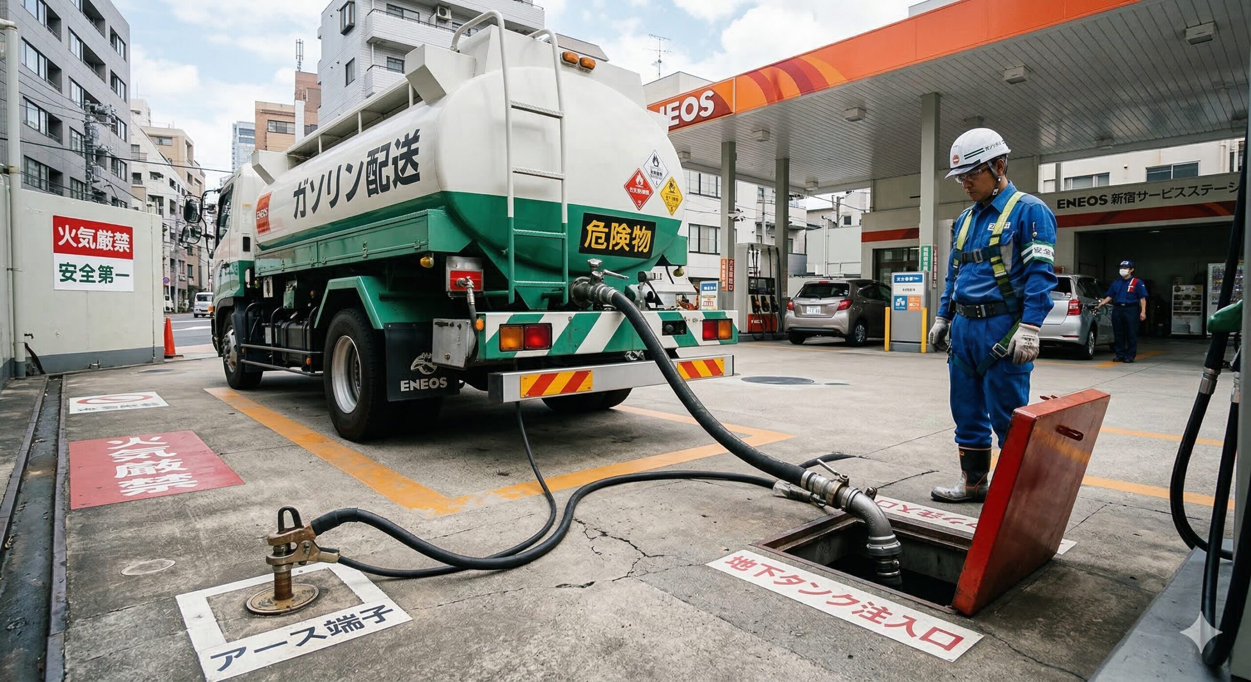 タンクローリーによるガソリン荷卸し