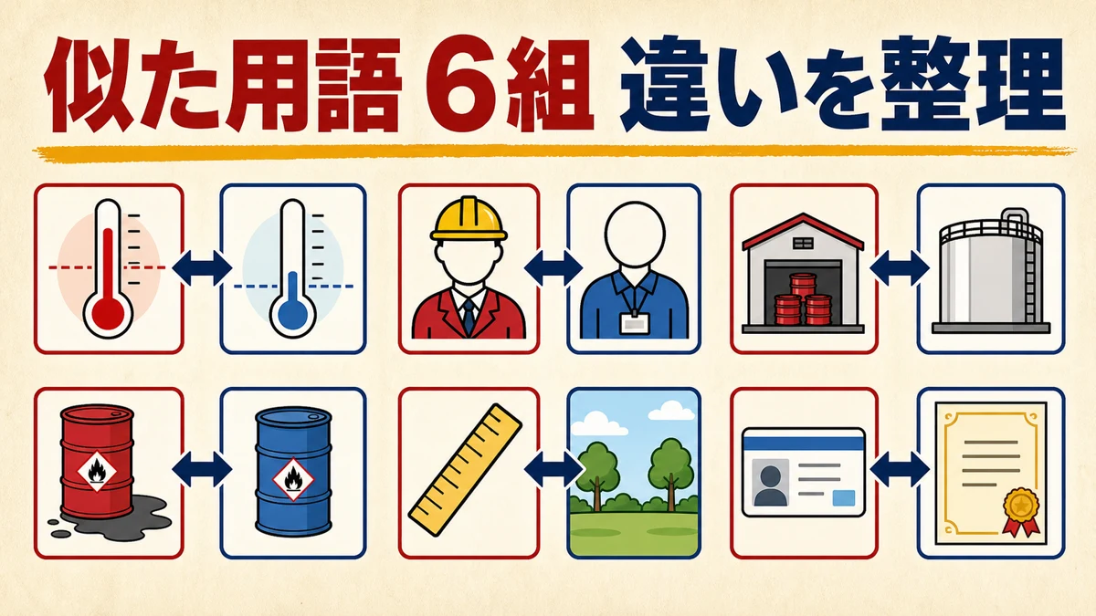 危険物試験で混同しやすい6組の用語を対比した図