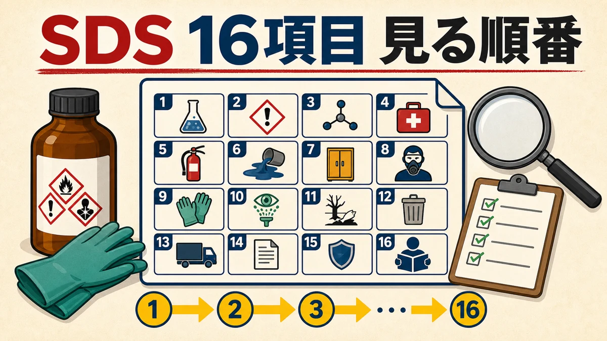 SDSの16項目を安全確認の順に読む方法を示す図