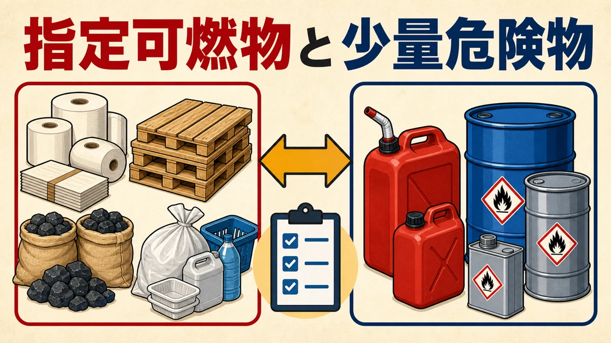 指定可燃物と少量危険物を左右に分けて比較した図