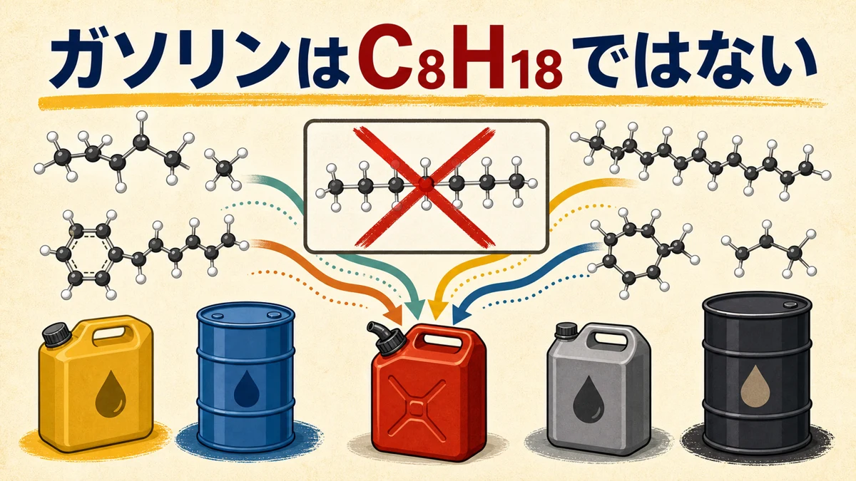 ガソリンが複数の炭化水素から成る混合物であることを示す図